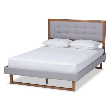 Baxton Studio Livinia Grey Upholstered and Ash Walnut Wood Full Size Platform Bed 164-9416-9434